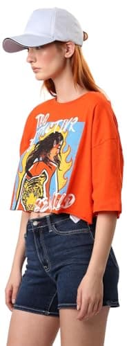 Ravin Womens Printed Hot Orange Short Tee with Elbow Sleeves Modern Shirt