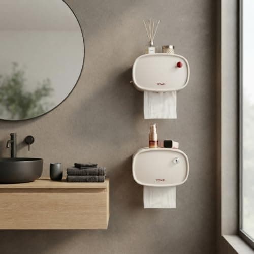 Wall Mounted Bathroom Organizer Multi-Functional Storage Rack with Integrated Tissue Holder and Shelves for Personal Care Products and Toiletries
