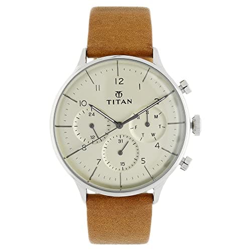 Titan 90102SL01 Quartz Multifunction Watch with Leather Strap for Men, 48 mm Case Size, Silver/Brown