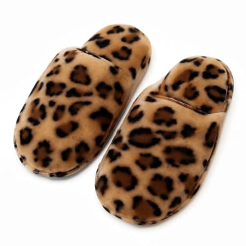 Men's Fashion Brown Slippers, Leopard Pattern Fluffy Bedroom Slippers