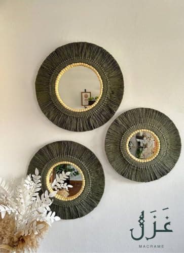 Set of 3 Macrame Wall Mirrors, Natural Decor, Handmade Design, Dark Green