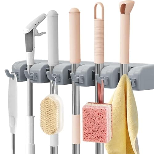 AMERTEER Mop and Broom Holder Wall Mount Heavy Duty Broom Holder Wall Mounted Broom Organizer Home Garden Garage Storage Rack 5 Position - Assorted Color