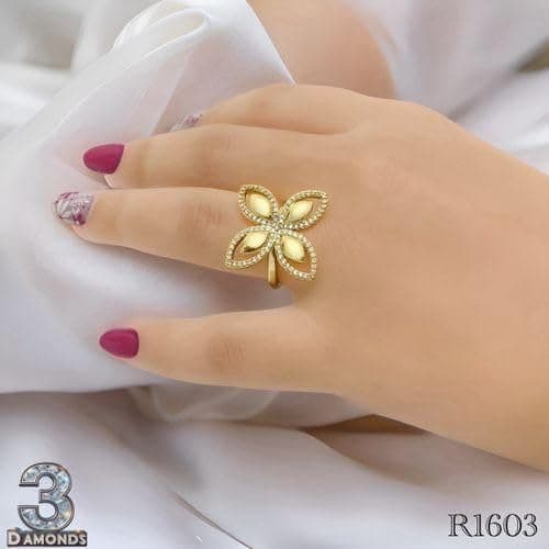 3 Diamonds 292474661779686 Gold-Plated Flower Ring – Elegant Petal Design with Zircon Accents for Women-1
