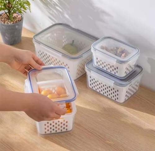 Generic Refrigerator Storage Container Set, Food-Grade Plastic, with Drainer Basket, Microwave and Freezer Safe, 5 Pieces, 800/1700/3150/4150/6200 ml, .KI