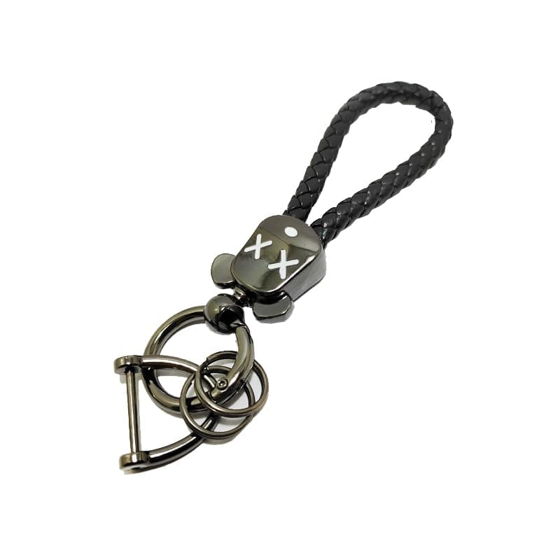 KaberTrade KaberTrade Leather Car Keychain Keychain with Durable Metal D Ring for Men and Women (Braided Leather Metal Bear Design with X Eyes Black Code:10143)