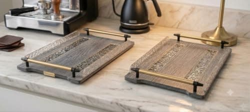 Generic 2-Piece Serving Tray Set, Wood and Acrylic, Set Dimensions: Tray 1: 25 x 40 cm, Tray 2: 22 x 33 cm, .kI