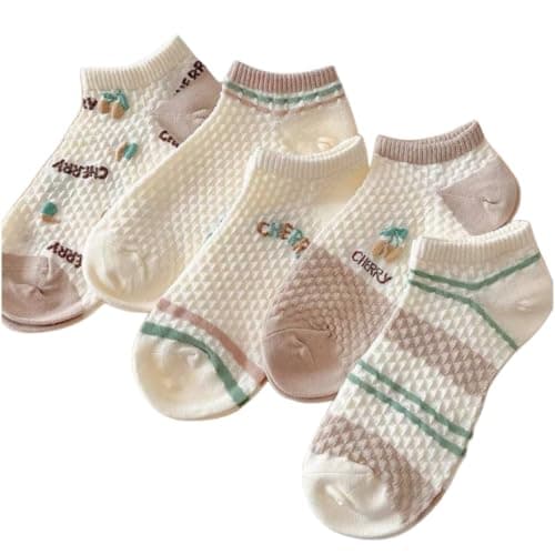 Cherry Print Ankle Socks for Women, 3 Pairs, Cream | Textured Knit Fabric, Low Cut Style, Striped Accents, Breathable Mesh, Casual Everyday Wear