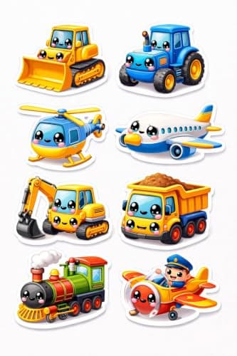 Kawaii Vehicles Sticker Set, Cartoon Cars & Trucks 50 pieces | Construction Vehicles, Emergency Services, Food Trucks Theme, Kids & Children, Colourful Designs