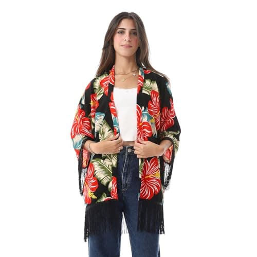 KADY Womens floral comfy summery kimono with fringes floral comfy summery kimono with fringes (pack of 1) Apparel