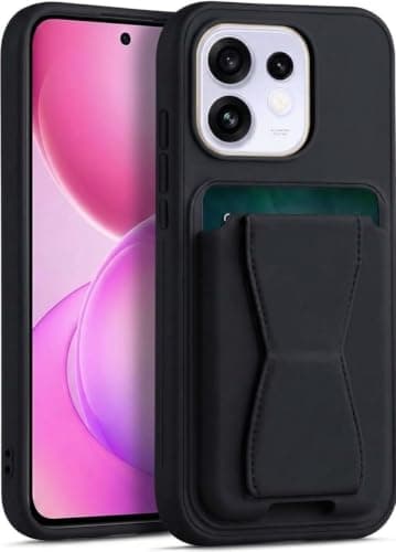 Leather Wallet Case (Compatible with Oppo Reno 16) With TPU Frame, Shockproof Protective Phone Case with Card Holder Stand (Black) Cellular phone case