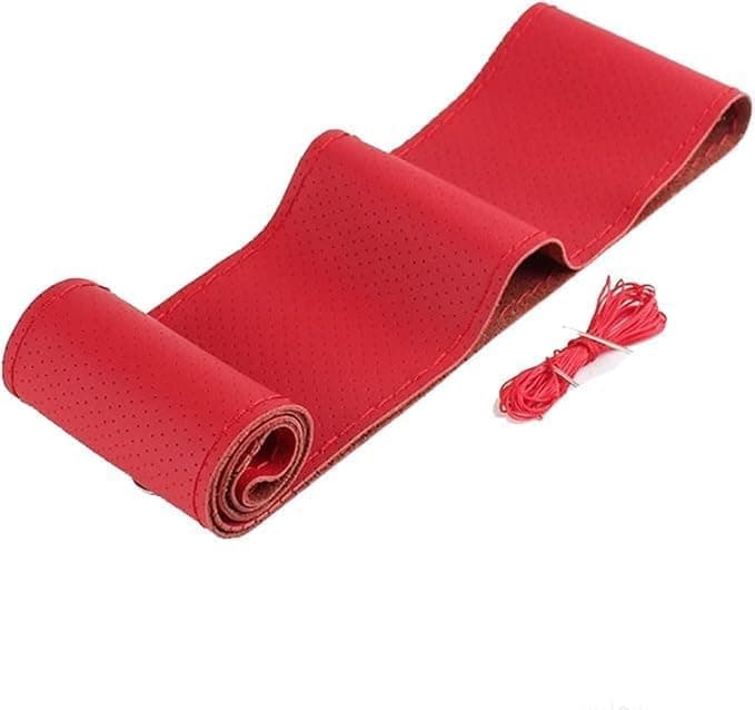 Car Steering Wheel Cover, Universal Leather Car Steering Wheel Cover DIY Sewing Breathable Anti-Slip (red)