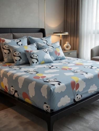 Generic Fitted Sheet Set with Pillowcases, Light Blue, Cotton, 120cm, Panda Balloon Print, Elasticated Hem, .ms