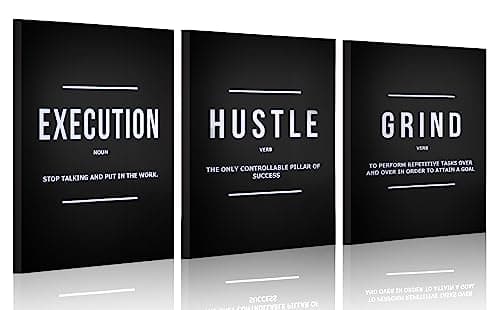 BPLUSTREE Motivational Canvas Wall Art, Hustle Grind Execute Wall Art Decor Set with 4 Non-Trace Hooks, Inspirational Quotes Posters for Home Office Workplace (Black, 3Pcs)