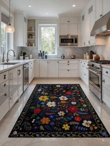 Generic Floral Patterned Area Rug, Black, Soft Material, 150x220 cm, with Fringe, Non-Slip Backing, for Living Room, Kitchen or Bedroom, .ms