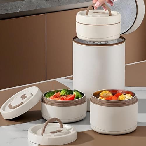 Thermal Lunch Box, 3-Layer Stackable Insulated Food Container, Stainless Steel and BPA-Free Plastic, Leak-Proof Design with Handle, Beige and Brown