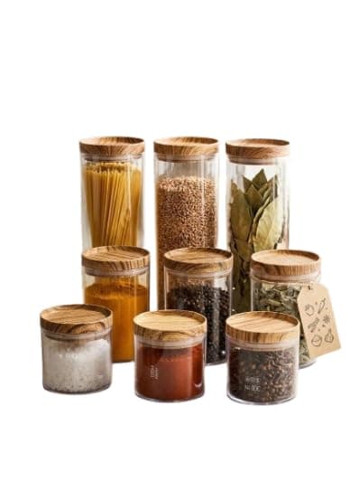Acrylic Spice Set 9 Pieces – Spice Jars with Lid Wooden Design | Kitchen Spice Organizer with Multiple Sizes