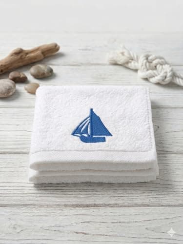 100% Egyptian Cotton Hand Towel 30 x 30 cm, Embroidered Nautical Design, Soft Absorbent Face & Guest Towel, Made in Egypt - Boat