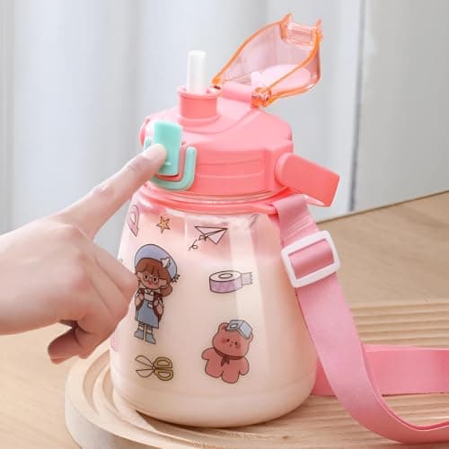 1300ml Sports Water Bottle with Straw and Shoulder Strap, Cute Large Leakproof Adult Water Bottle for Camping, Fitness, Trips, Outdoor