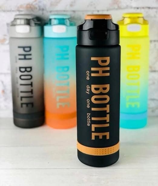 Water Bottle 1L With Handle & Time Marker Leak Proof BPA Free Sport Drinking Bottle Reusable 1000ml For Gym Travel Office School Outdoor Fitness (Black)