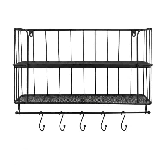Metal Kitchen Shelf with 2 Wire Shelves and Wooden Shelf, 5 Hooks for Hanging Towels and Kitchen Utensils, Practical and Stylish Design Helps Organize and Save Space, Suitable for Decoration.