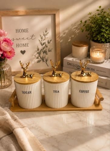Generic Sugar, Tea and Coffee Canister Set with Airtight Wooden Lids, Gold Deer Handle, White, 3 Piece, .Ais Food storage container