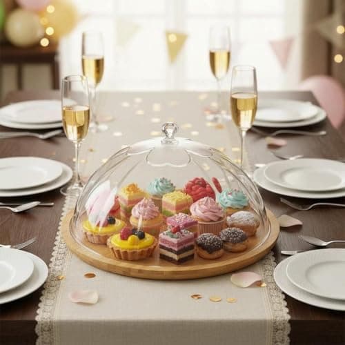 Generic Round Bamboo Cake Stand with Clear Acrylic Dome Lid, Crystal Knob, 32 cm Diameter, .kl