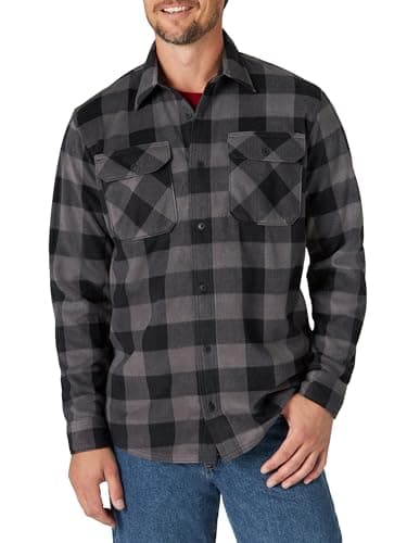 Wrangler Authentics Men's Long Sleeve Plaid Fleece Shirt Jacket Button, Gray Buffalo Plaid, M