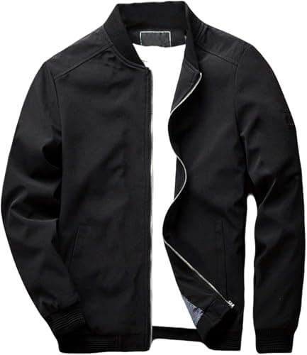 Men's Bomber Jacket, Black, Stand Collar, Zip Front, Ribbed Cuffs, Casual Outerwear Coat