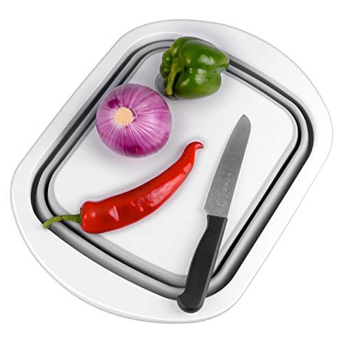 Goodking Collapsible Cutting Board with Colander, 4-in-1 Multi-function Foldable Kitchen Plastic Silicone Dish Tub Drainers, Sink Storage Washing Draining Basket for Fruits/Vegetables/Picnic/Camping