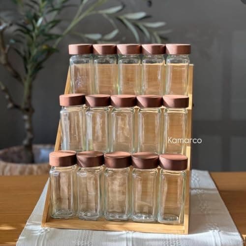 Generic 12-Piece Spice Jar Set with Wooden Lids,Organization + Elegant Look + Practical Use,Airtight Seal,Natural Acacia Wood Lid,150 ml,Material: Premium Heavy-Duty Glass,Airtight Wooden Lid, .em Food storage container