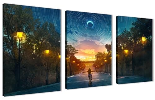 Skills Canvas Wall Art - Girl Riding on Road Lighted by Night Sky - Wall Hanging for Living Room, Bedroom, Office Decorations and More (30cm x 40cm x 3pcs)