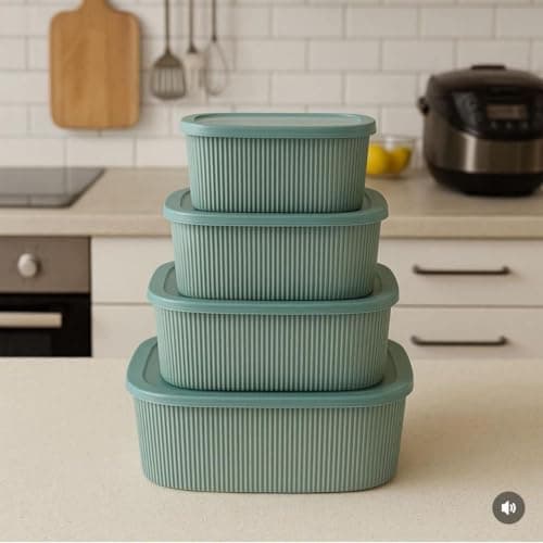 Generic Dark Mint Green Striped Plastic Food Storage Container Set, Airtight Lids, 4 Pieces, 1000/2000/3000/5500 ml, .db