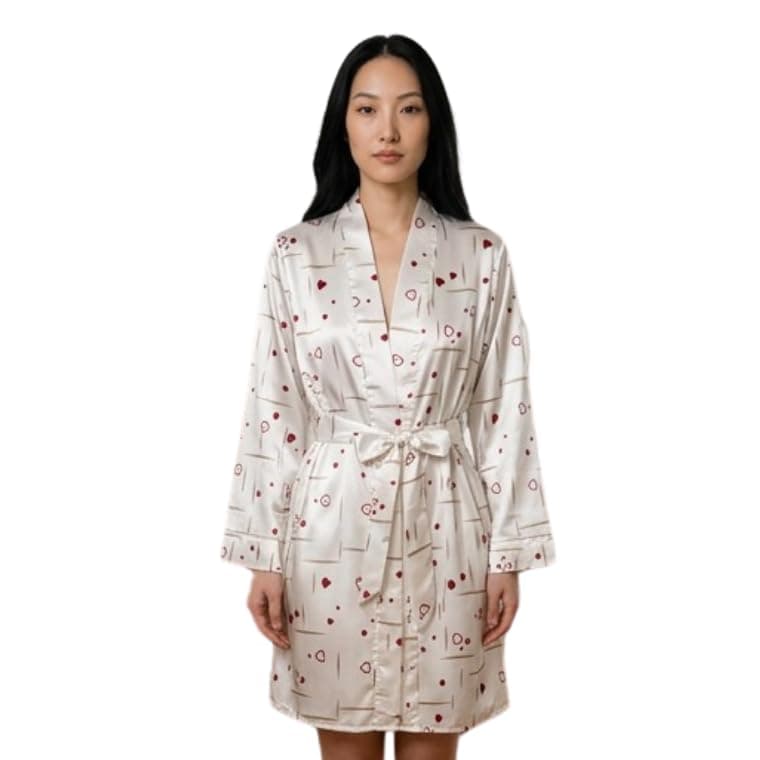 Women's Satin Kimono Robe, Printed, Lightweight, Free Size, Soft Silky Wrap Dressing Gown with Belt, for Home, Beach, Spa & Bridal Use, One Size Fit 55KG up to 90 KG.