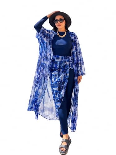 Women's Modest Burkini Swimsuit 5-Piece Set – Full Body Swim Jumpsuit, Ocean Print Chiffon Kimono, Maxi Sarong, Skirt & Swim Cap From La Vie Model LV-BRK-228 (Navy Blue, L Fits 60 – 65 kg) Swimwear