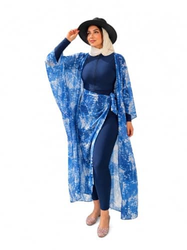 Women's Modest Burkini Swimsuit 5-Piece Set – Full Body Swim Jumpsuit, Ocean Print Chiffon Kimono, Maxi Sarong, Skirt & Swim Cap From La Vie Model LV-BRK-228