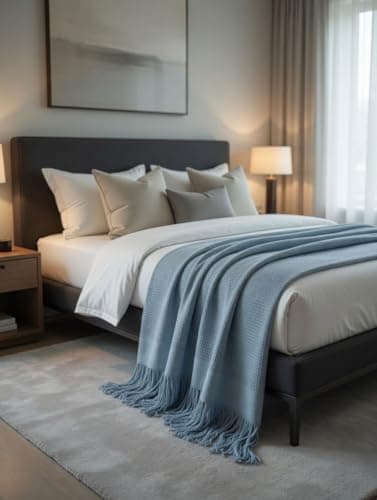 Generic Fringed Bedspread, Light Blue, Waffle Weave with Tassel Trim, 225 x 240 cm, .ms