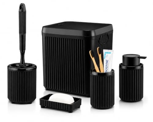 5-Piece Plastic Bathroom Accessories Set - Ribbed Design, Bin with Lid, Toilet Brush and Holder, Soap Dispenser, Toothbrush Holder, Soap Dish Perfect for Home & Guest Bathroom (Black)