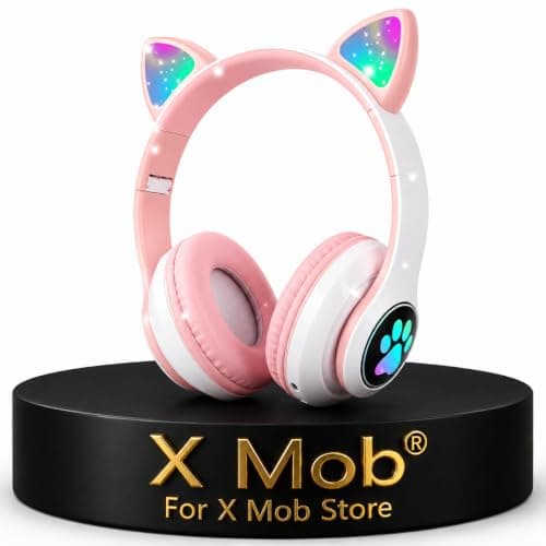 X Mob High Quality Cat Headphones with LED Lights Cat Ears, Bluetooth V5.0 Wireless Headphones for Boys Girls with Volume Limit, Answer Calls, Over Ear