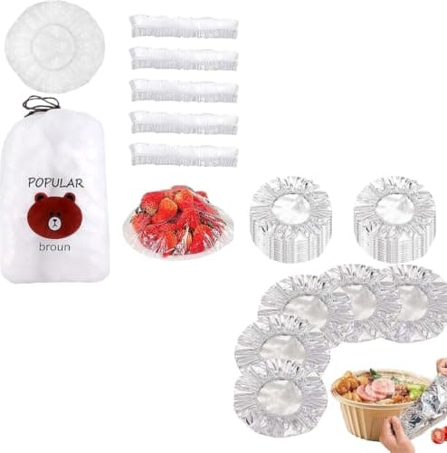 110-Piece Food Cover Set, 100 Flexible Clear Reusable Covers and 10 Silver Insulated Covers for Plates and Meals.