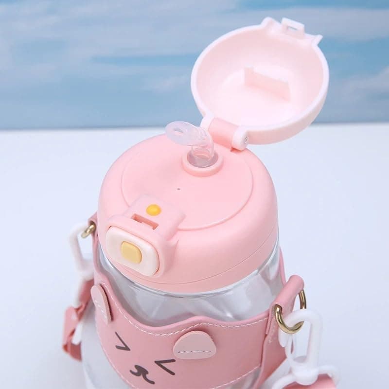 Baby Shapes Cute Cartoon Healthy Glass with Silicone Straw and Portable Strap, 500ml Water Bottle for School and Exercise, Safe and Easy to Carry