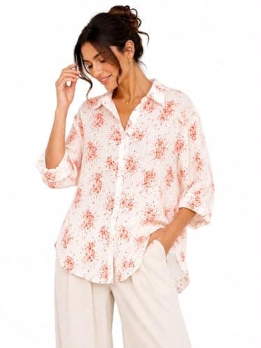 Printed Shirt, Long Sleeves, Button-Down Front, Yellow and Beige, Relaxed Fit, Classic Collar, Floral Print