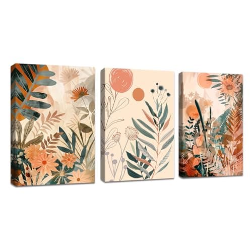 3 Pieces Boho Pictures C Set with Frame, Abstract Leaves and Sun Canvas Pictures Nordic Minimalist Modern Plant Wall Pictures Living Room Bedroom Dining Room Wall Decoration 90 x 40 cm (30 x 40 x 3)