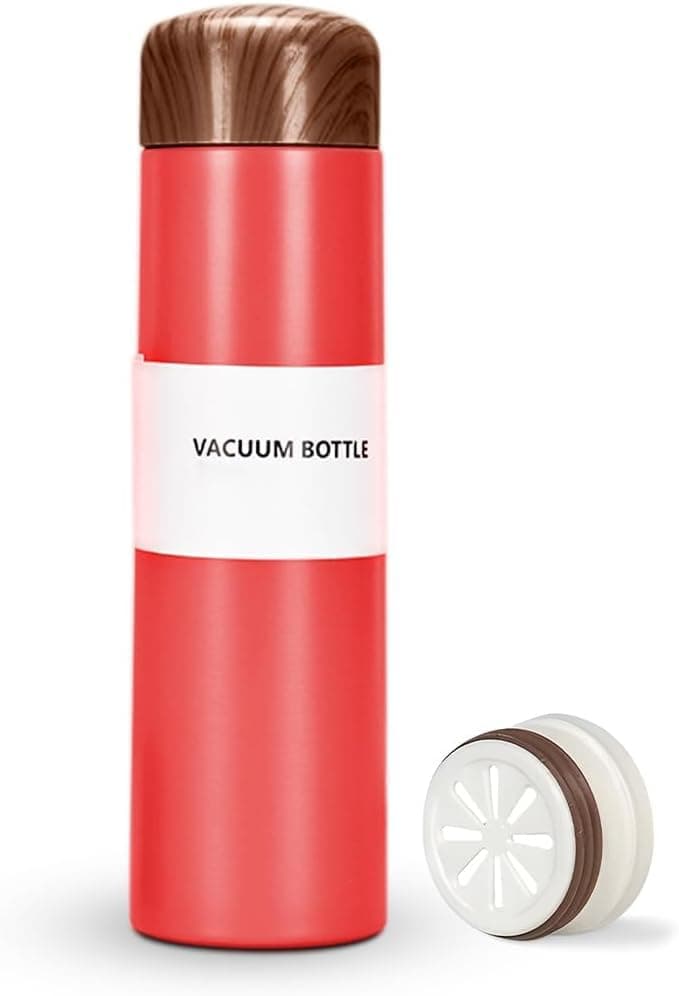Water Bottle 250ml Stainless Steel Vacuum Insulated Slim Pocket Flask, Leak-Proof Wood Grain Travel Mug for Hot Cold Drinks Office Commute, Red