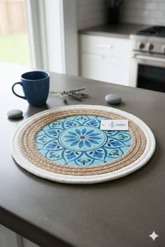 Generic Round Placemat with Blue Mandala Pattern, Wicker and Linen, Heat-Resistant, 30 cm, .sew