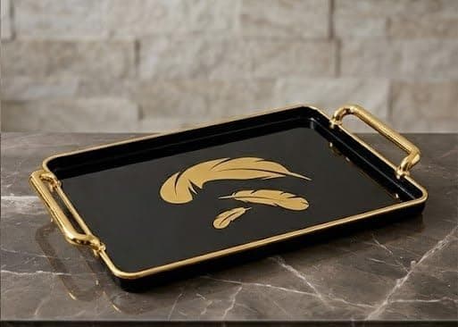 Generic Rectangular Acrylic Serving Tray with Gold Feather Motif and Handles, Black, 27x37 cm, .sg