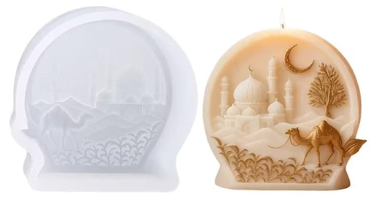 3D Muslim Mosque Candle Mold, Ramadan Eid Decorative Silicone Mold with Camel and Crescent Design, White Craft mold