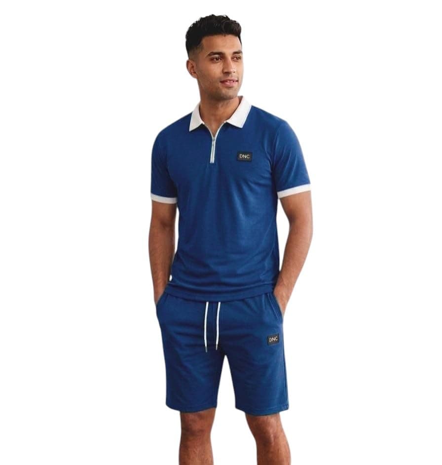 Miza Tring Men's Summer Zipper Collar T-Shirt and Shorts Summer Milton Elastic Material Multi Colors Large to 3XL Casual Chic Coordinated outfit