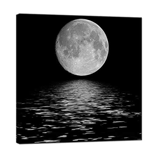 Nachic Wall - Modern Canvas Wall Art Black and White Large Full Moon on Sea Picture Gilcee Prints for Bedroom Decor Landscape Painting Framed Ready to Hang