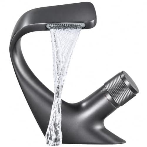 Waterfall Single Hole Bath Basin Mixer for Hot and Cold Water - Grey | Modern Waterfall Gray Finish Single Hole Construction Hot Cold Water Control Sink Mixer with Ceramic Valve Core.