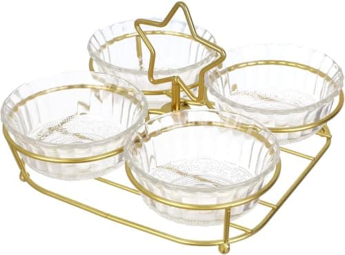Gold Glass Snack Serving Set 4 Compartment Metal Tray Hospitality Dish